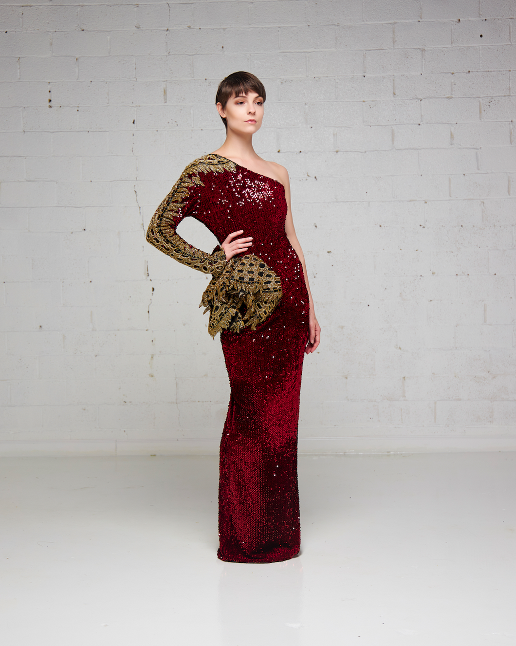 Burgundy Velvet Sequin One Sleeve Dress ...